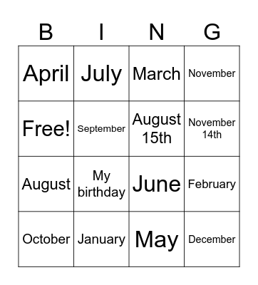 🎂Months🌙 Bingo Card