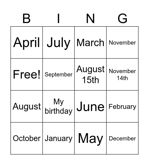 🎂Months🌙 Bingo Card