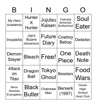 Anime Openings Bingo Card