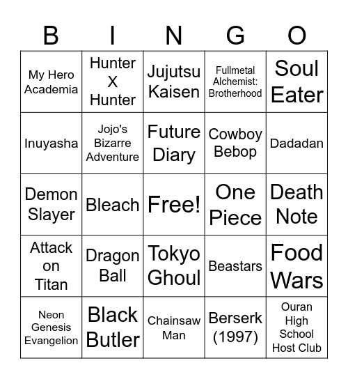 Anime Openings Bingo Card