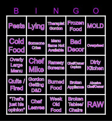 Kitchen Nightmares Bingo Card Bingo Card