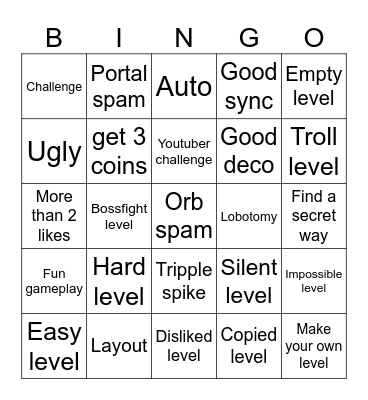 Recent Tab Bingo (Geometry Dash) Bingo Card