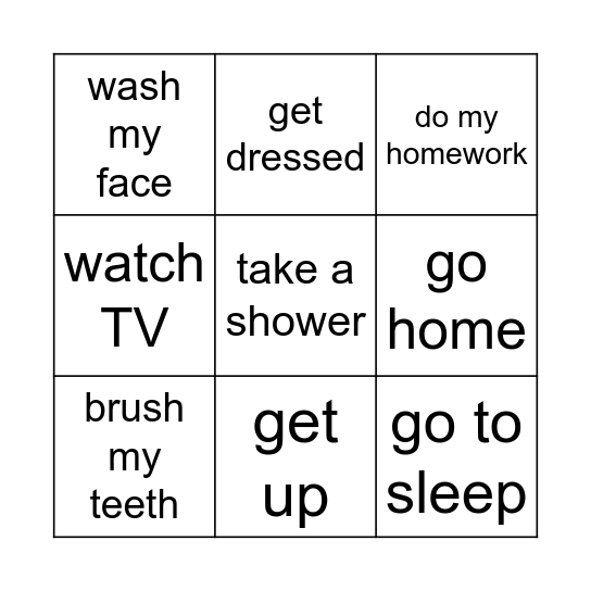 Activities Bingo Card