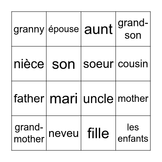 Family members Bingo Card
