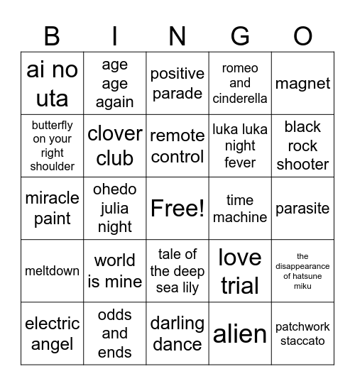 Miku Expo Songs I Want Bingo Card