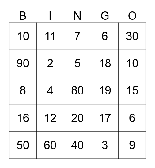 Numbers Bingo Card