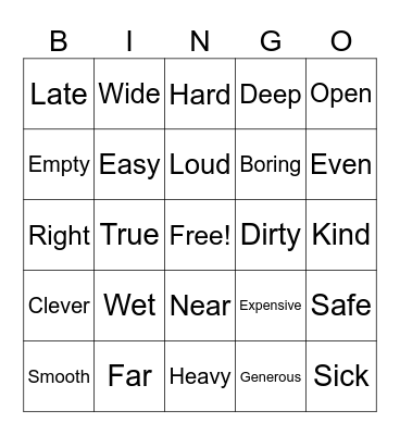 Adjectives Bingo Card