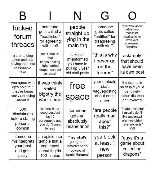 Flight Rising drama bingo Card