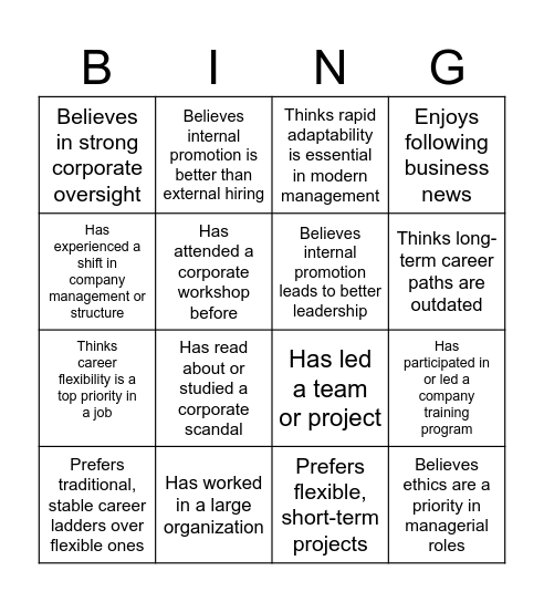 Manager Bingo Card