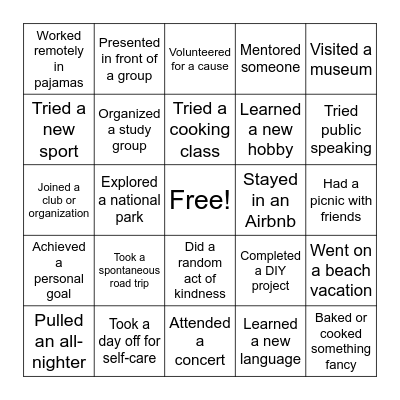 Experiences Bingo Card