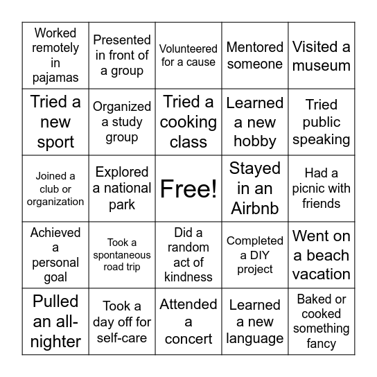 Experiences Bingo Card