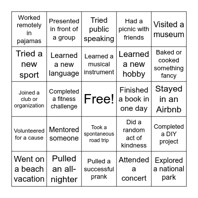 Experiences Bingo Card