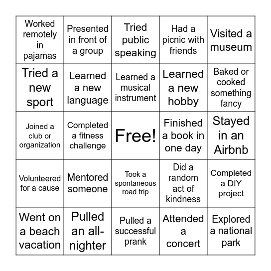 Experiences Bingo Card