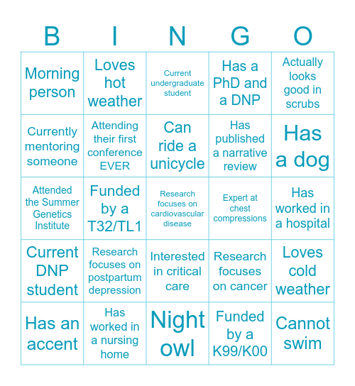Student/Postdoc Mixer Bingo Card