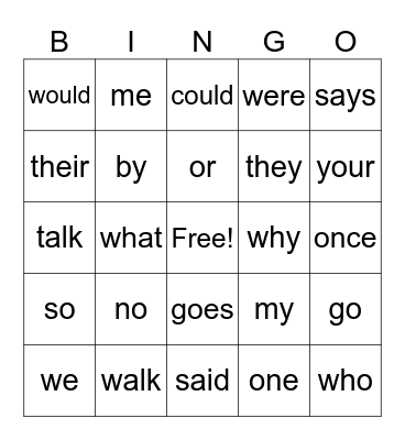 Heart Words Bingo Card