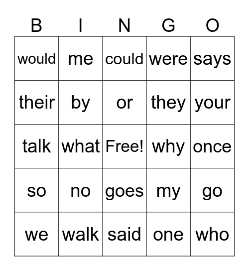 Heart Words Bingo Card