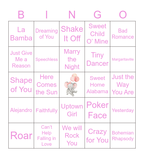 Stephanie's Baby Shower Play List Bingo Card