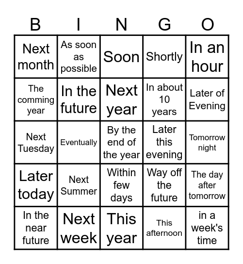 Future Time Expression Bingo Card