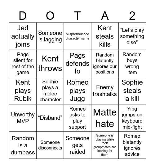 Dota2 Bingo Card