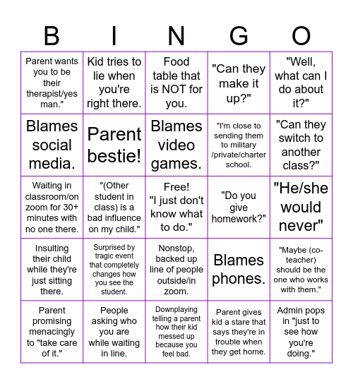 Parent-Teacher Conference Bingo Card