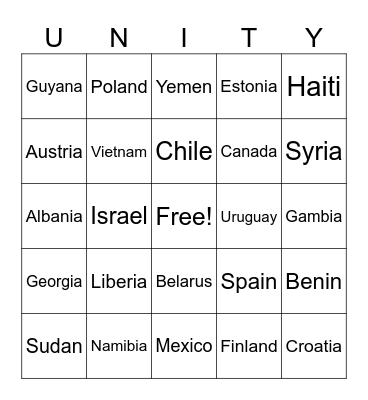 UNITY CARD GAMES Bingo Card