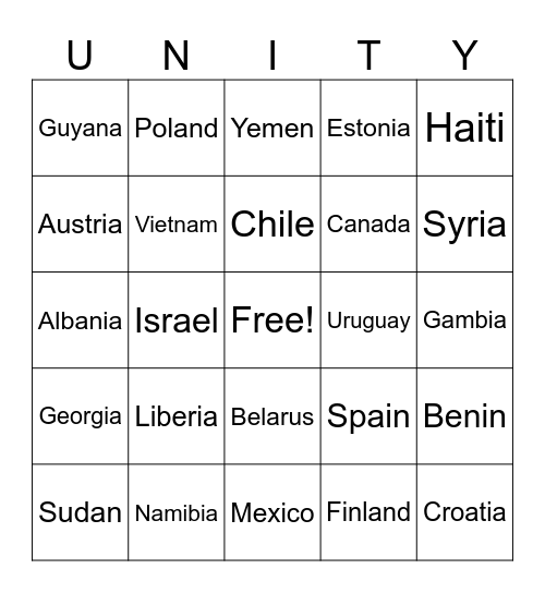 UNITY CARD GAMES Bingo Card