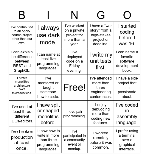 Engineering Bingo Card