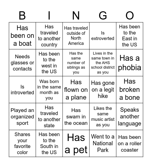 EF Tours Bingo Card