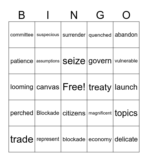 Unit 5 The War of 1812 Bingo Card