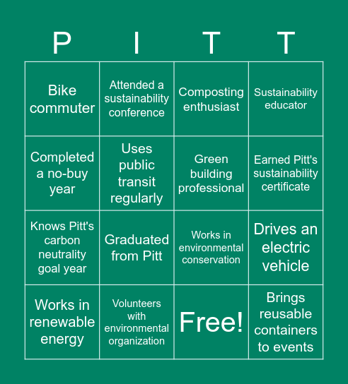 Pitt Sustainability Alumni Mixer Bingo Card