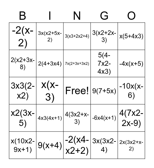 Factoring Bingo Card