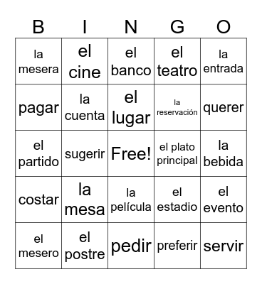 Los eventos y el restaurante Bingo Card