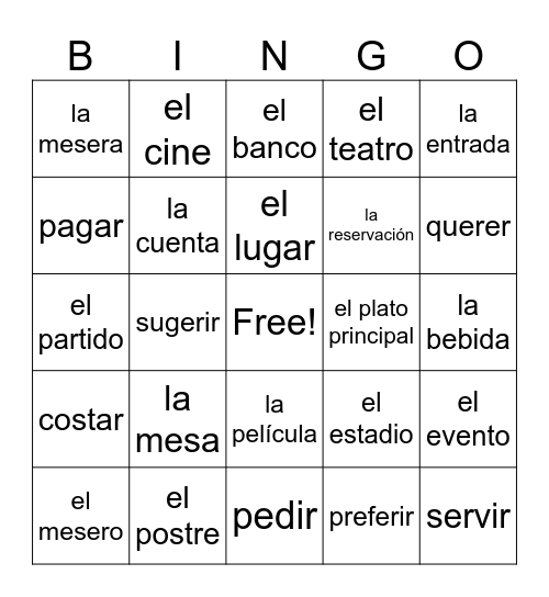 Los eventos y el restaurante Bingo Card