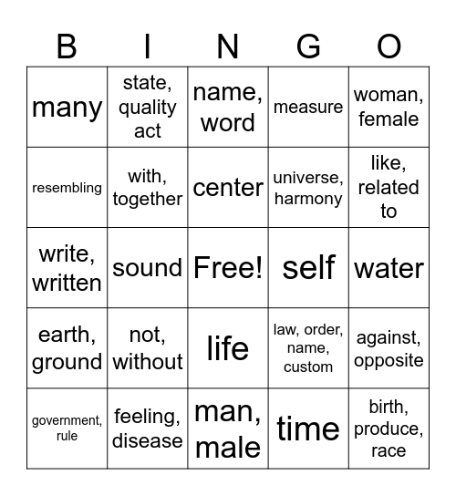 Prefix/Suffix #3 Bingo Card