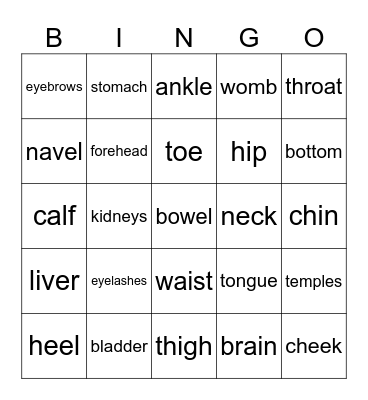 Parts of the body Bingo Card