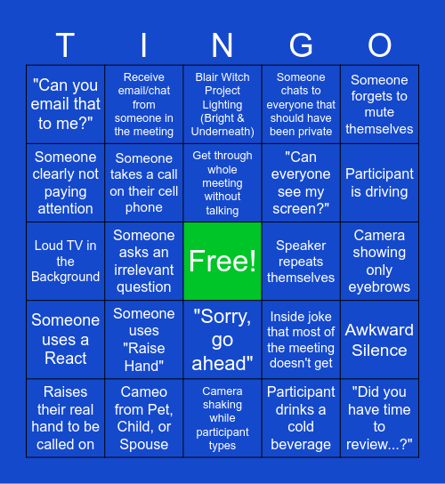 Tingo (AKA Teams Bingo) Bingo Card