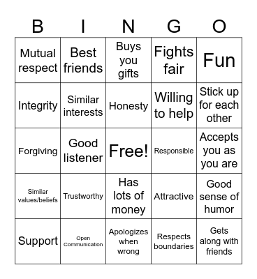 Relationship Qualities Bingo Card