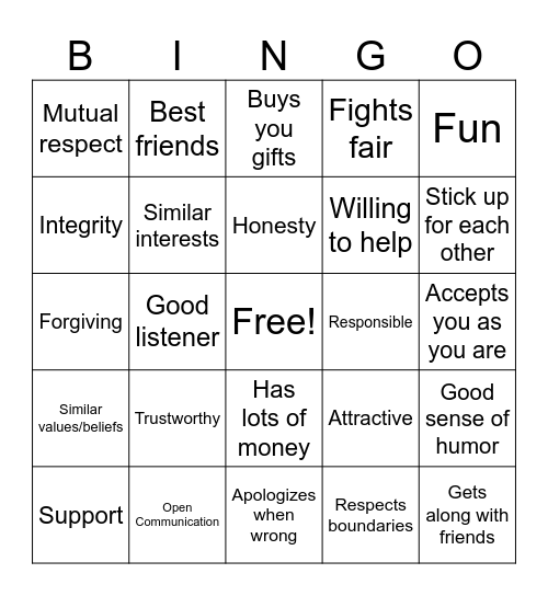 Relationship Qualities Bingo Card