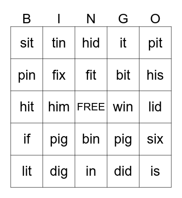 SHORT I Bingo Card