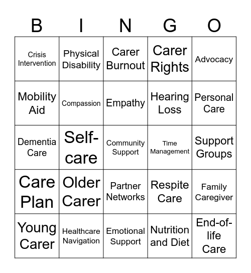 Carer Aware Bingo Card