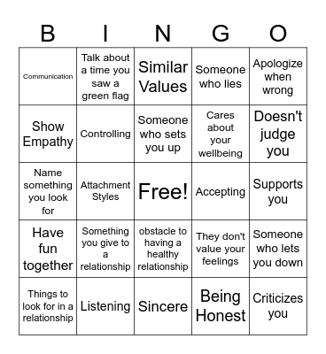 Relationship Bingo Card