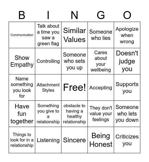 Relationship Bingo Card