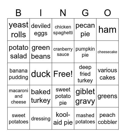 Thanksgiving Dinner Bingo Card