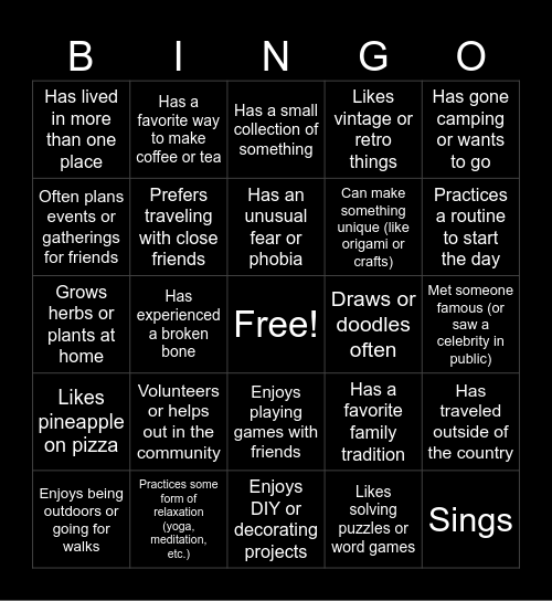 Hobbies and Interest UPM Bingo! Bingo Card