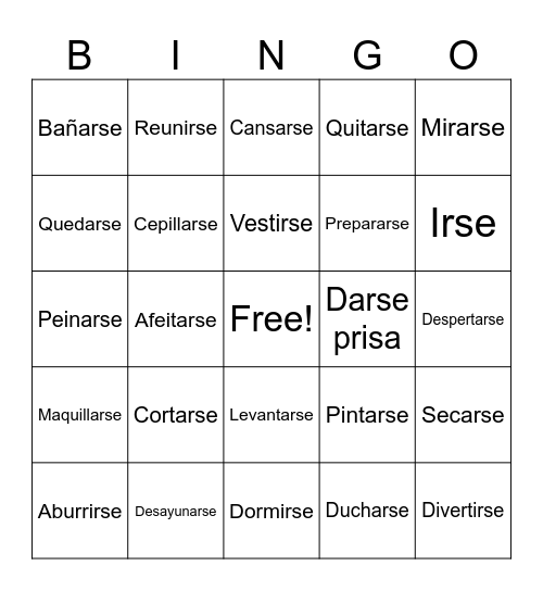 Reflexive Verbs Bingo Card