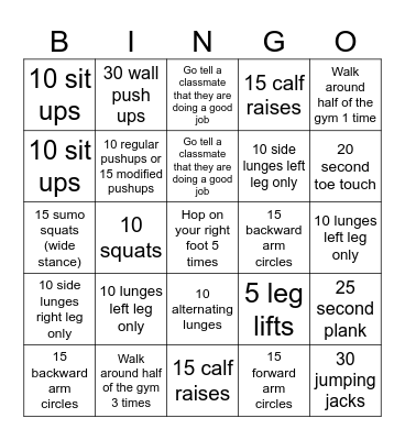 Fitness Bingo Card