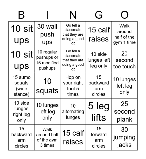 Fitness Bingo Card