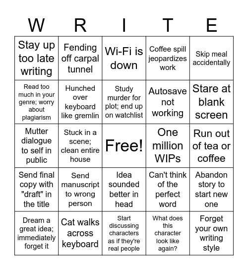 Writer Problems Bingo Card