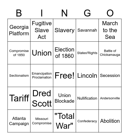 Civil War Bingo Card