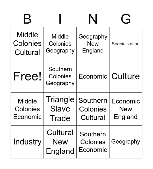 13 Colonies Bingo Card